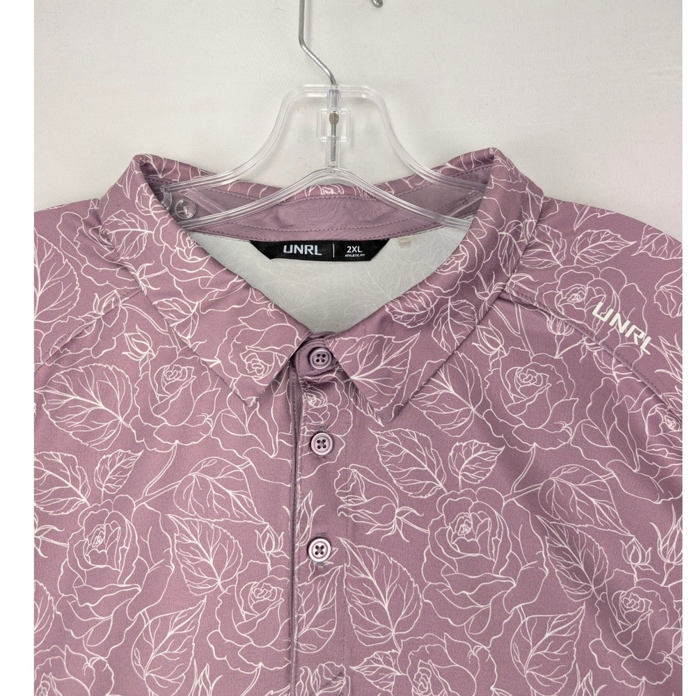 UNRL Polo Shirt Mens 2XL Purple Rose Floral Print Athletic Fit Short Sleeve